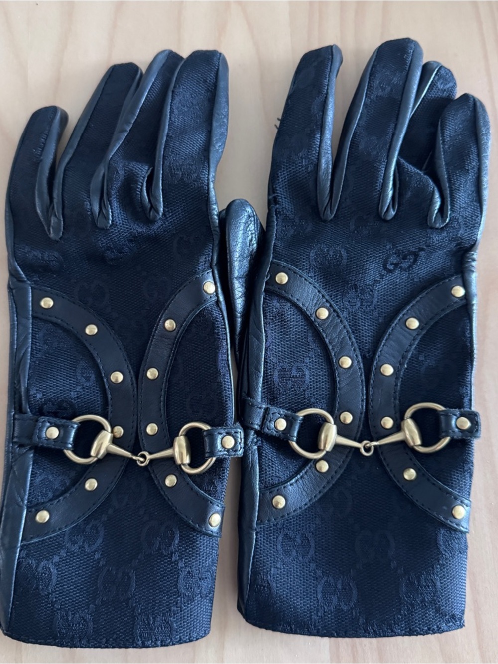 Gucci Leather & Canvas Gloves with Gold Horsebit - Picture 4 of 5